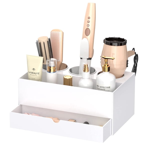 NIUBEE Acrylic Hair Dryer Holder & Hair Tool Organizer with Drawer, White Bathroom Countertop Vanity Makeup & Hairbrush Stand for Women