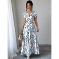 thumbnail image 4 of Women'S A Line Dress with Tie Waist Floral Print Beach Vacation Party Short Sleeve Ruffle Elegant Blue M, 4 of 7
