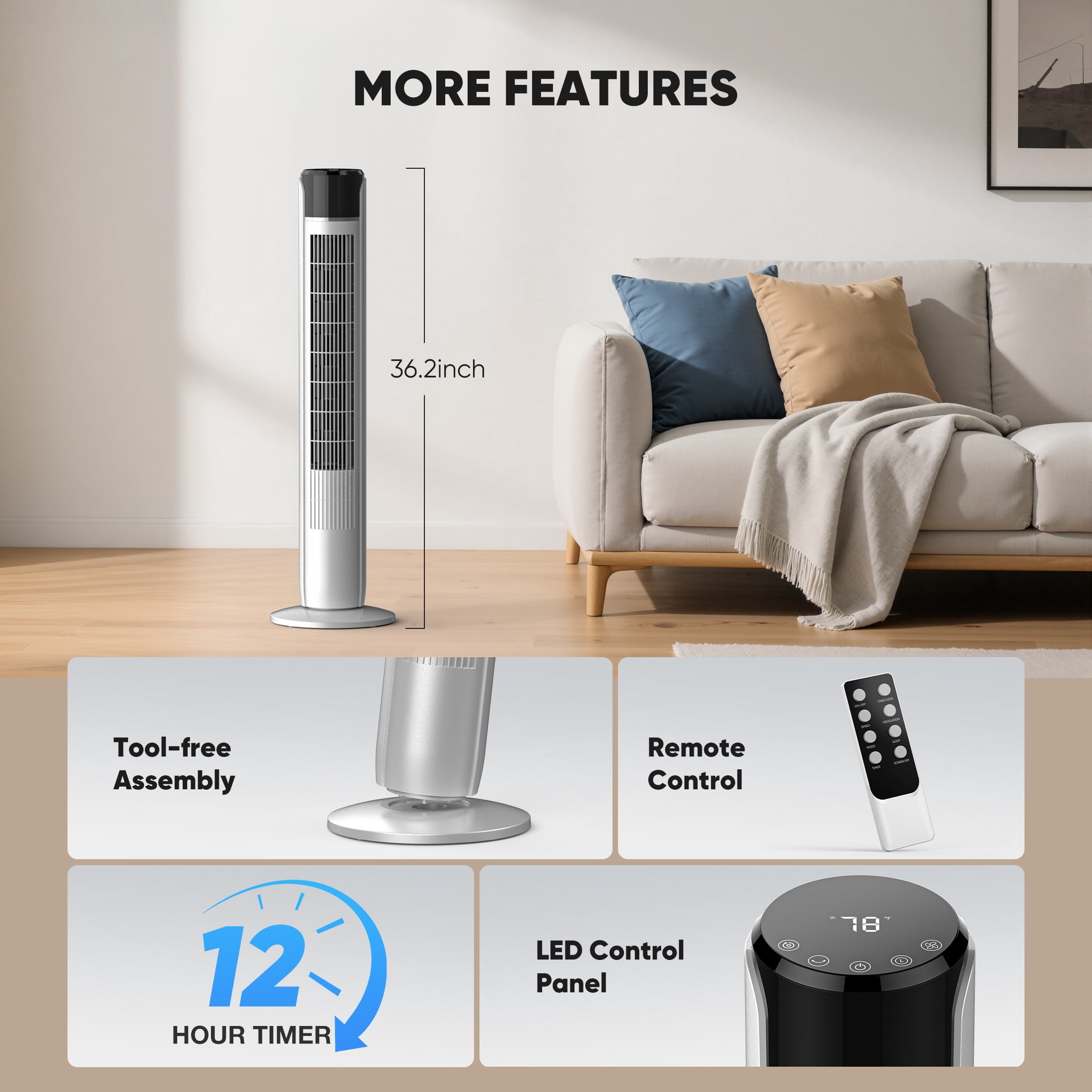 CONCETTA Quiet Tower Fan for Bedroom, Bladeless Design, 20ft/s Speed, 5 Speeds, 12H Timer, Oscillating，Grey
