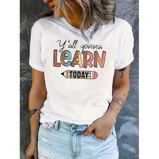Camiseta Para Mujer De Verano Cuello RedondoWomen's Colorful Geometric Print T-Shirt - Casual Crew Neck, Short Sleeve, Stretchy Polyester Blend, Machine Washable - Perfect for Summer & Everyday Fash