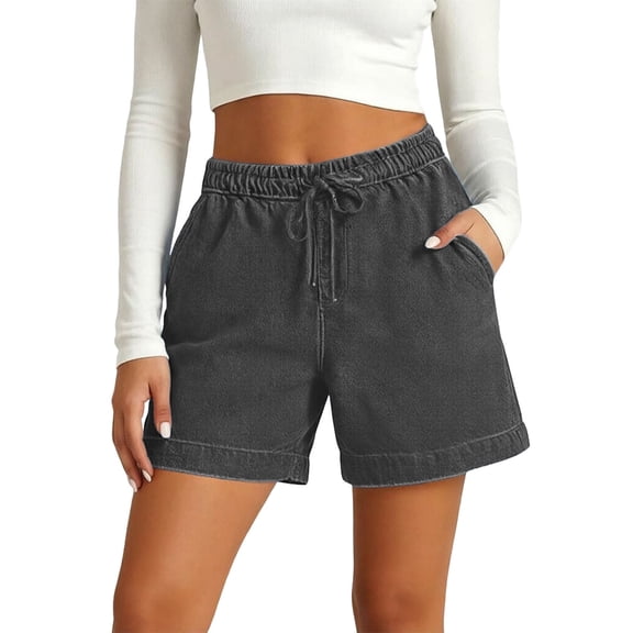 DHFJKG High Waisted Jean Shorts For Women Elastic Drawstring Loose Fit With Pockets Comfortable Solid Color Summer Denim Shorts Trendy Bottoms