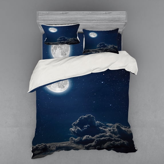 Ambesonne Galaxy Bedding Set 4 Pcs, Moon and Stars, Queen, Grey Dark Blue