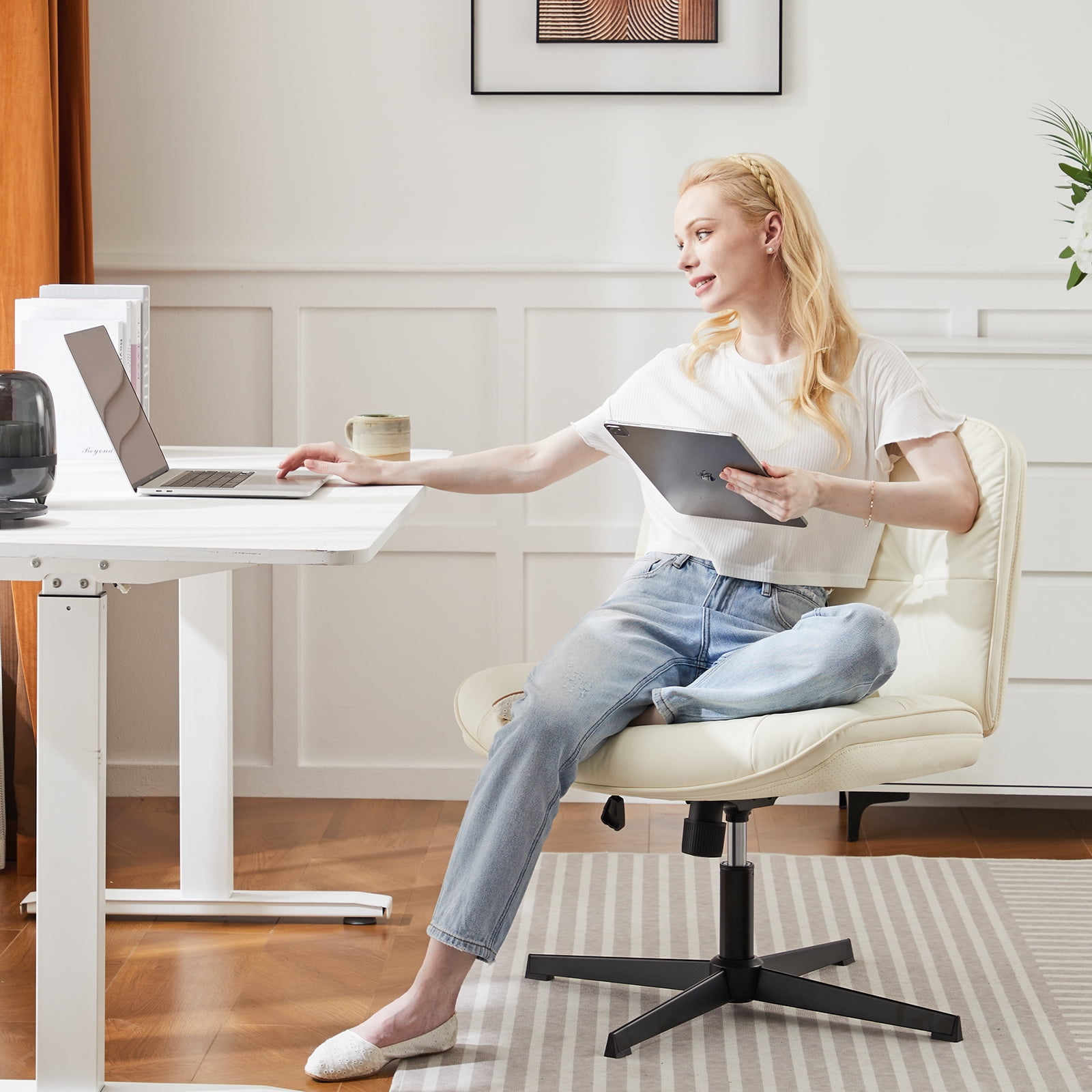 GIANNA Armless Office Chair without Wheels - Adjustable Swivel, Cross Legged Design, Wide Seat, Ergonomic PU Leather, Beige