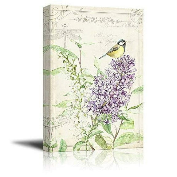 wall26 Canvas Wall Art - Vintage STLE Bird Standing on Top Purple Flower - Giclee Print Gallery Wrap Modern Home Art Ready to Hang - 32x48 inches