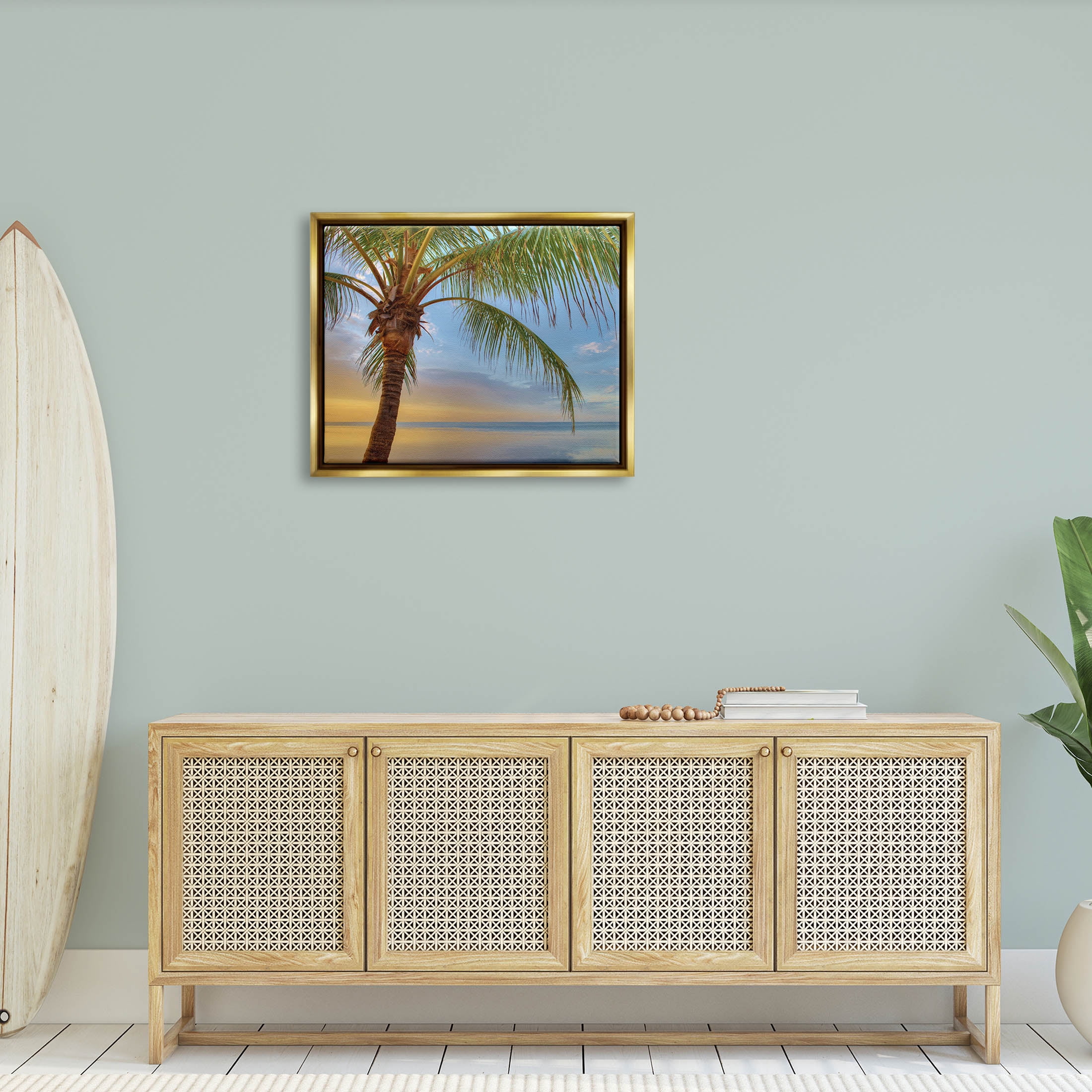 Sunrise Palm Tree Sky Reflection Coastal Photograph Metallic Gold Framed Art Print Wall Art