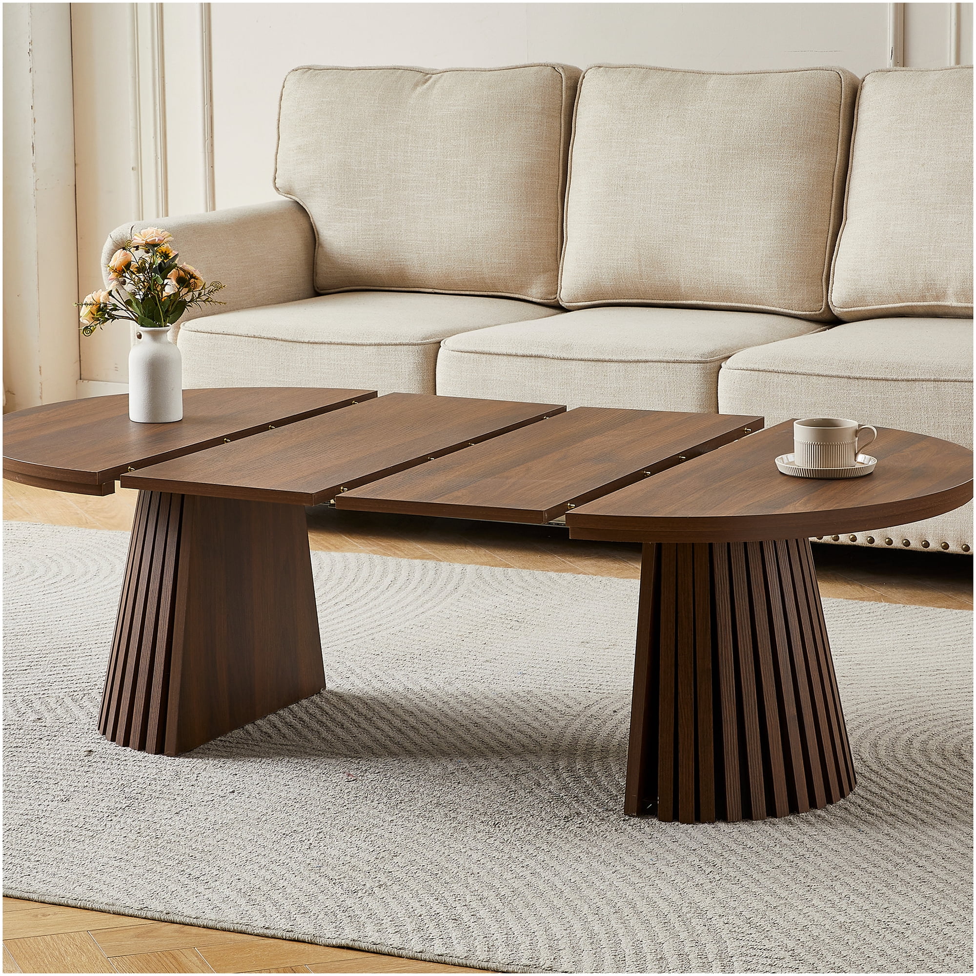Extendable MDF Dining Table Oval Slatted Leg Walnut Finish Space Saving Versatile Home Furniture