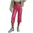 thumbnail image 2 of Bloomae Women Faux Leather Capri Pants Going Out Casual Button Elastic High Waist Cropped Pants Y2K Trendy Straight Leg Capris with Pockets, 2 of 10