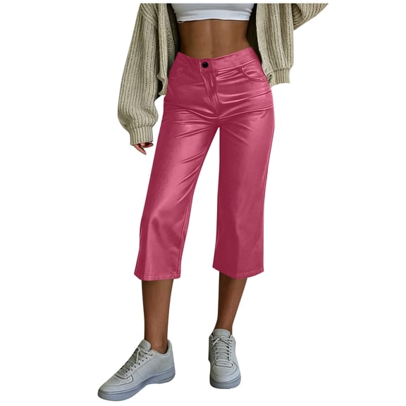SAWOBUUN Womens Faux Leather Capri Pants High Waisted Straight Leg Cropped Trousers Soft Trendy Lounge Pants
