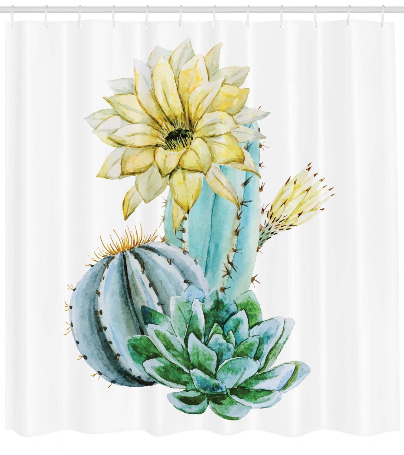 Bathroom Waterproof Fabric Shower Curtain Set Watercolor Potted of Plants Cactus