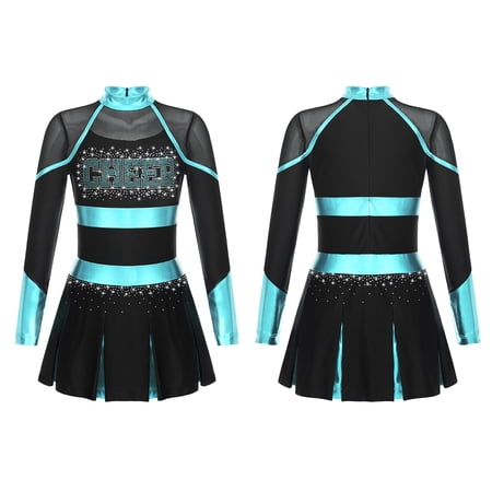 YEAHDOR Girls Children Cheerleading Outfit Schoolgirl Cheer Team Uniform Dancewear Long Sleeve Shiny Rhinestone Dress Black&Blue Green 8