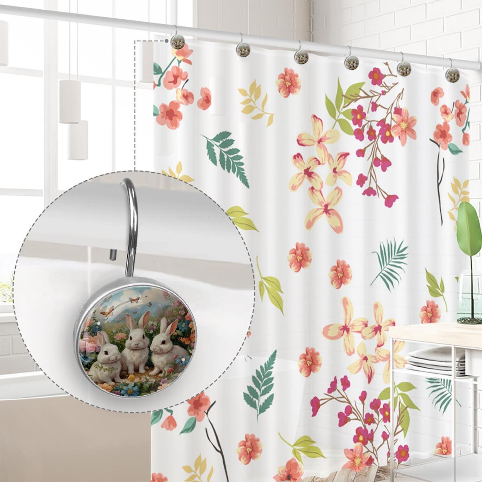 Imobaby 12 Pcs Metal Shower Curtain Hooks Rust Proof for Shower Curtain Liner - Little Rabbit Flower Cluster Gathering