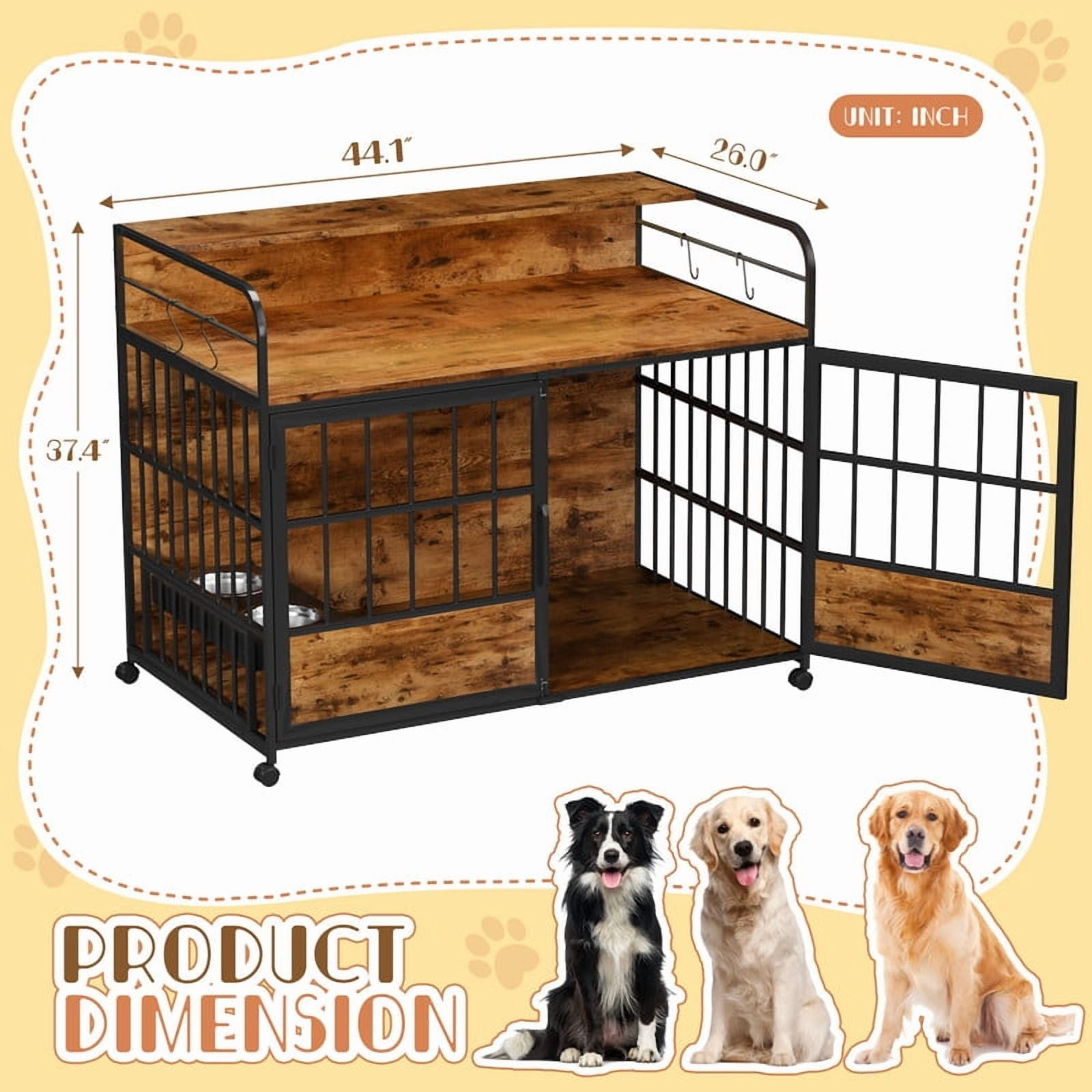 Homall 44.1" Wooden Furniture Style Crate for Dog with Dual Desktops, Rounded Side Armrests, Multi-Color LED Lights