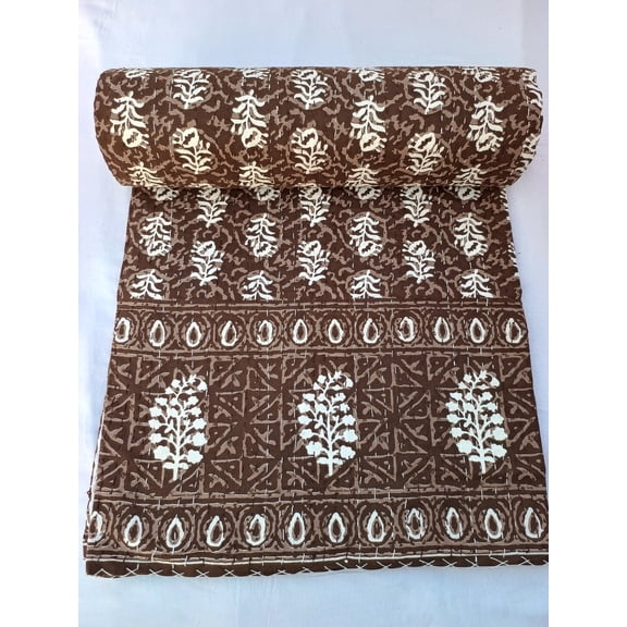 Kantha Quilt Handblock Print Indian Netural Colour floral print Quilt Hand Stitched Natural vegetable dye cotton