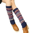 thumbnail image 2 of dianhelloya 1 Pair Ethnic Style Striped Print Ribbed Cuffs Knee High Knitted Leg Warmers Autumn Winter Women Warm Boot Stockings Navy Blue, 2 of 8