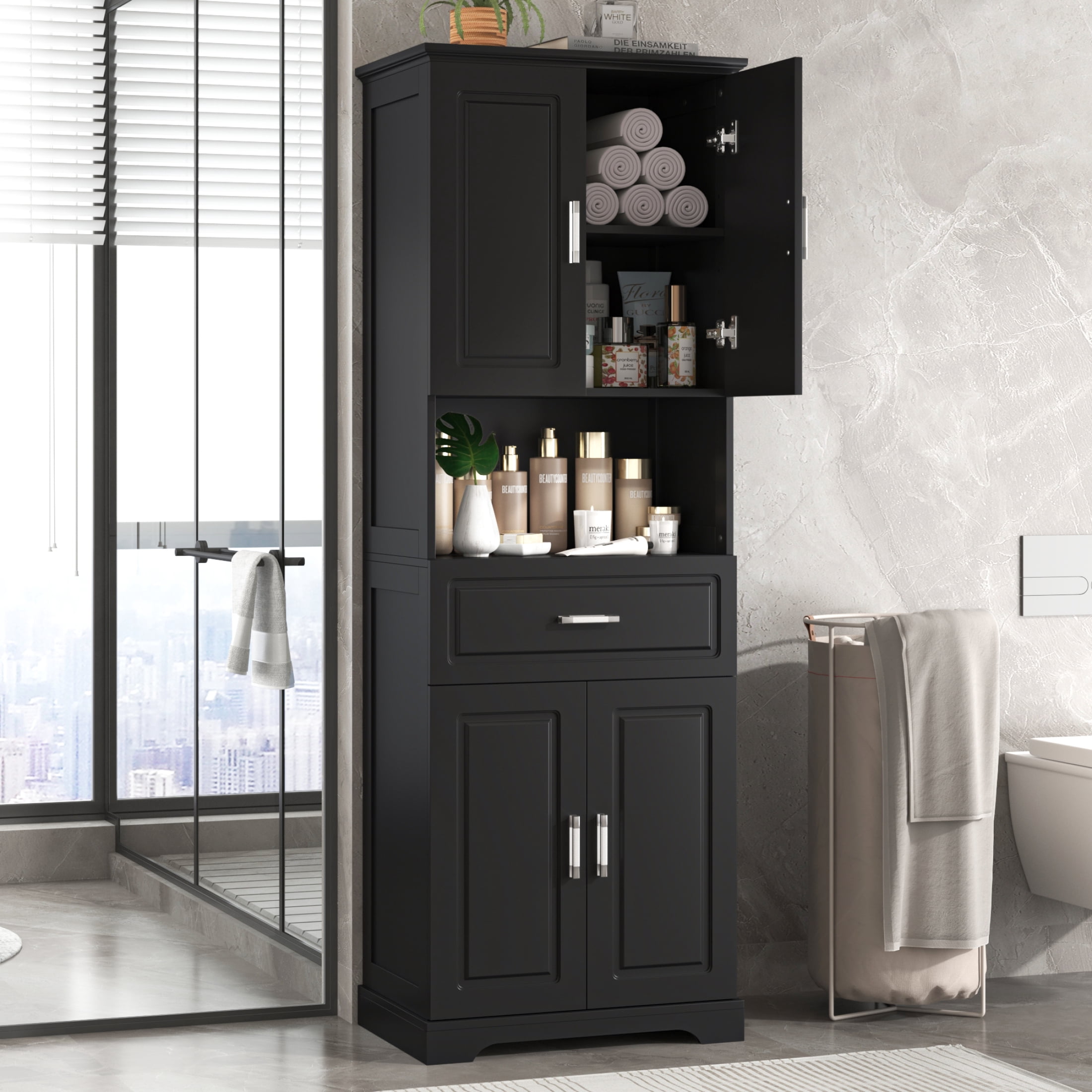 Noble House Modern Bathroom Storage Cabinet, Narrow Tall Cabinet with Drawer, Doors and Adjustable Shelves, Black