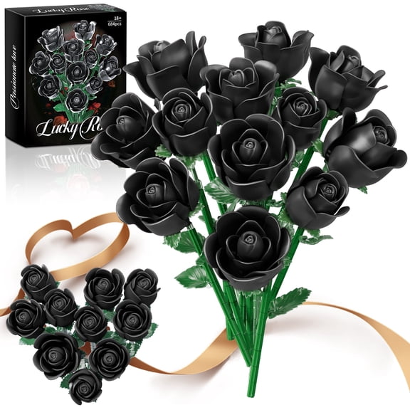 Black Rose Bouquet Building Set for Adults Women - 12 Pack Botanical Collection Gift for Valentine's Day & Mother's Day Artificial Flowers Botanical Collection Centerpiece Room Decor