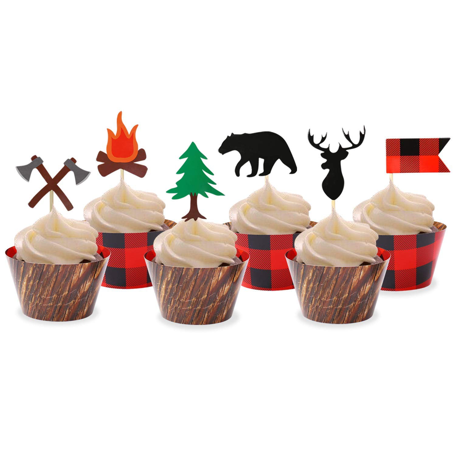 24 Pack Camping Cupcake Toppers Wood Grain Buffalo Plaid Wrappers Woodland Theme Party Decoration Supplies