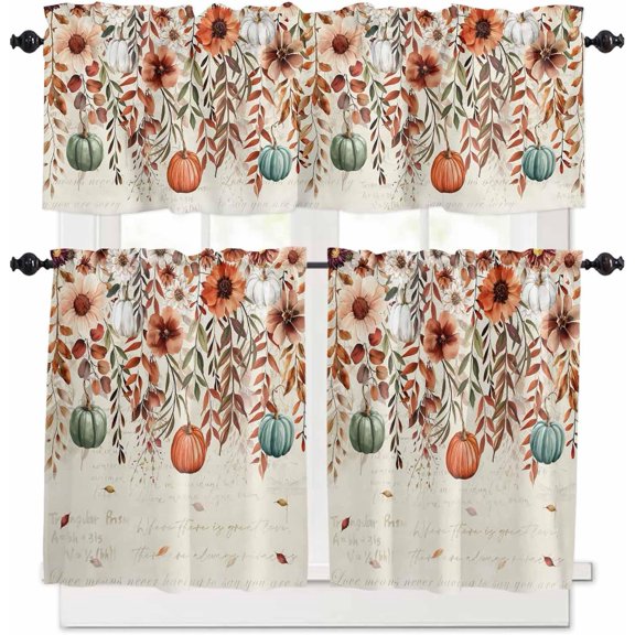 Blue Pumpkin Kitchen Curtains, Thanksgiving Fall Eucalyptus Leaves Beige 3-Piece Kitchen Curtain Valance and Tiers Set 36 Inch Length, Rod Pocket Half Window Curtains for Cafe Living Room Bathroom