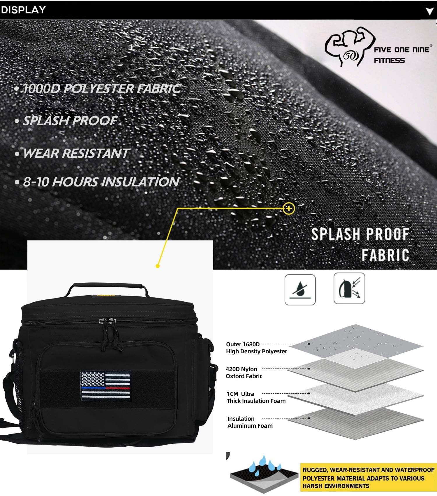 519 Fitness Insulated Lunch Box for Men, Tactical Lunch Bag with 10 Hours Insulation, Large lunch cooler with 1 Ice Pack for Work,Travel,School(Black)