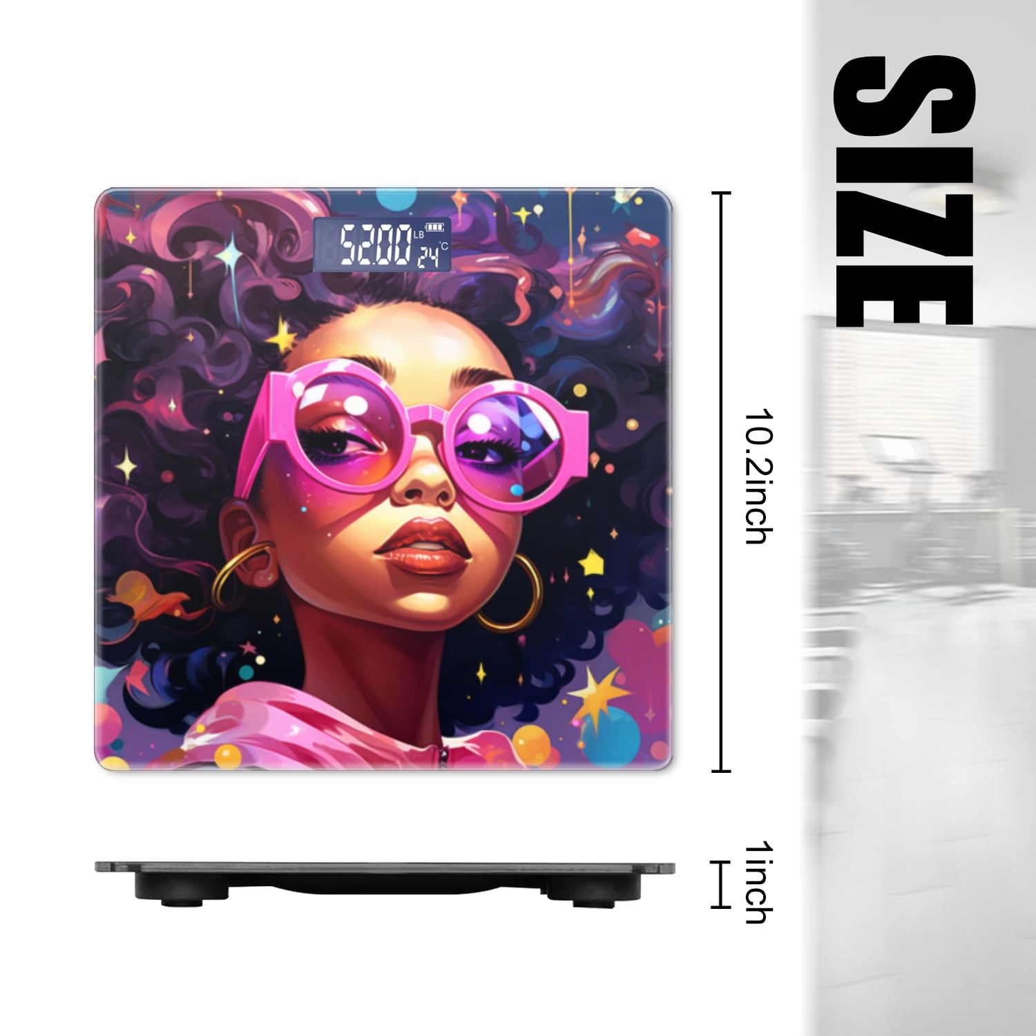 High Precision Body Weight Scale Smart Bathroom Scales with Large LCD Display(400lbs),Decorative for Bedroom-Beautiful Black Woman With Curly Hair And Pink Glasses