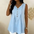 thumbnail image 6 of Staron Women Sleeveless V Neck Pleated Blouse Casual Button Down Loose Fit Summer Vacation Beach Tank Top, Light Blue XL, 6 of 7