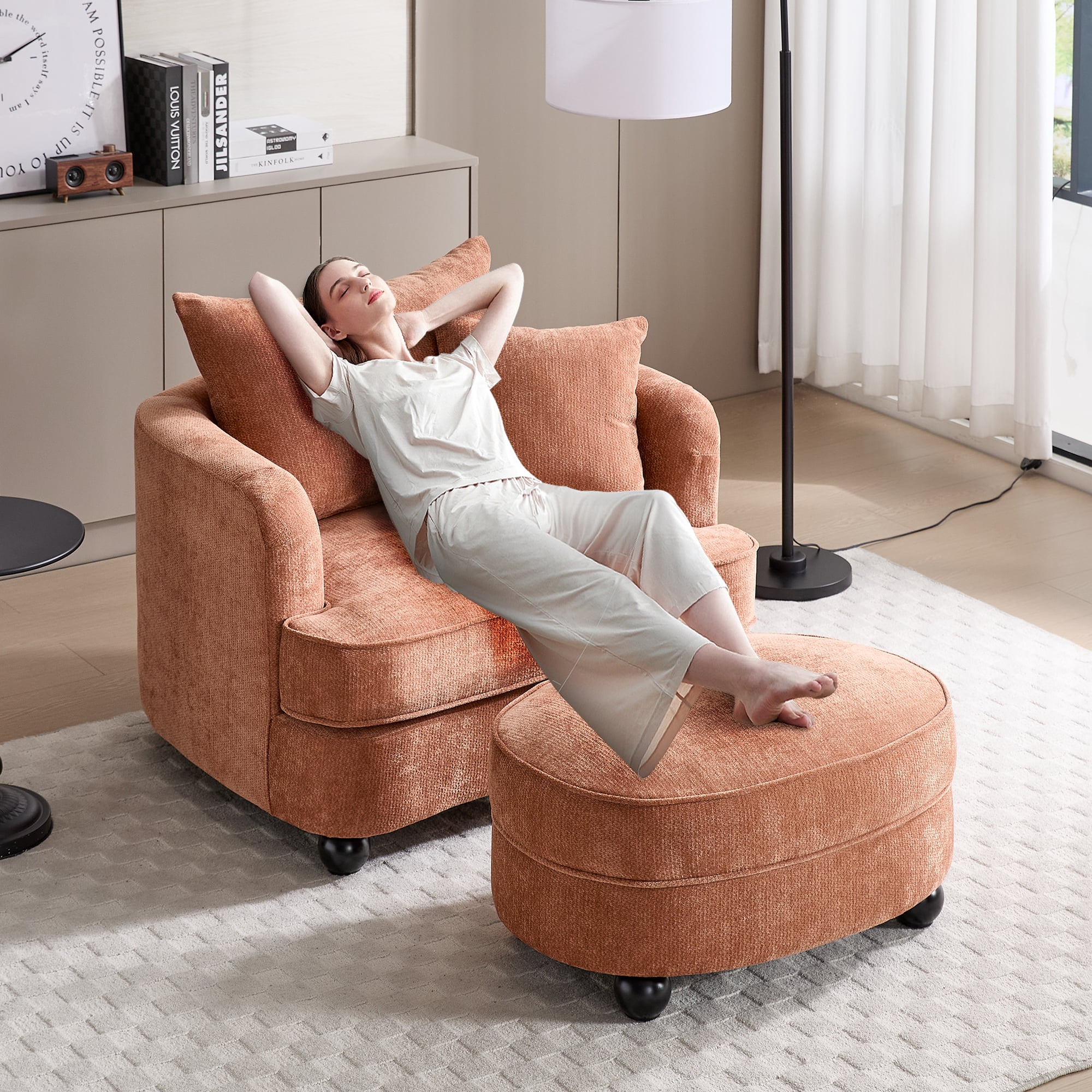 Aukfa Oversized Accent Chair with 2 in 1 Storage Ottoman,Sofa Chaise Chair Armchair for Living Room Bedroom,Orange