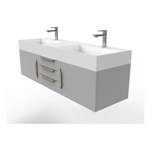 Amazon 60" Gray Wood Floating Vanity with White Top and Gold Trim