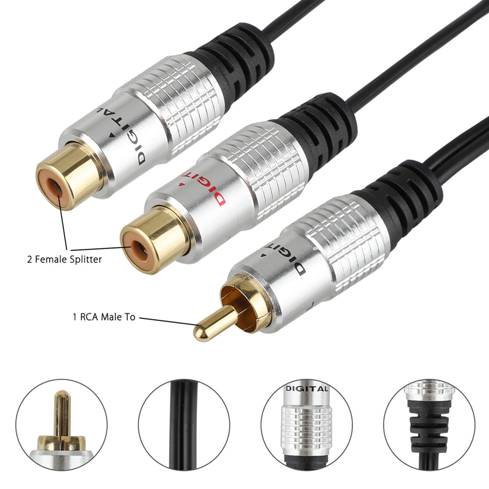 Poyiccot RCA Splitter Male to Male Cable, RCA Y Splitter 1 RCA Male to 2 RCA  Male Stereo Audio Subwoofer Cable, 2RCA to 1RCA Bi-Directional RCA Y Adapter  Cable - 25cm/10inch 