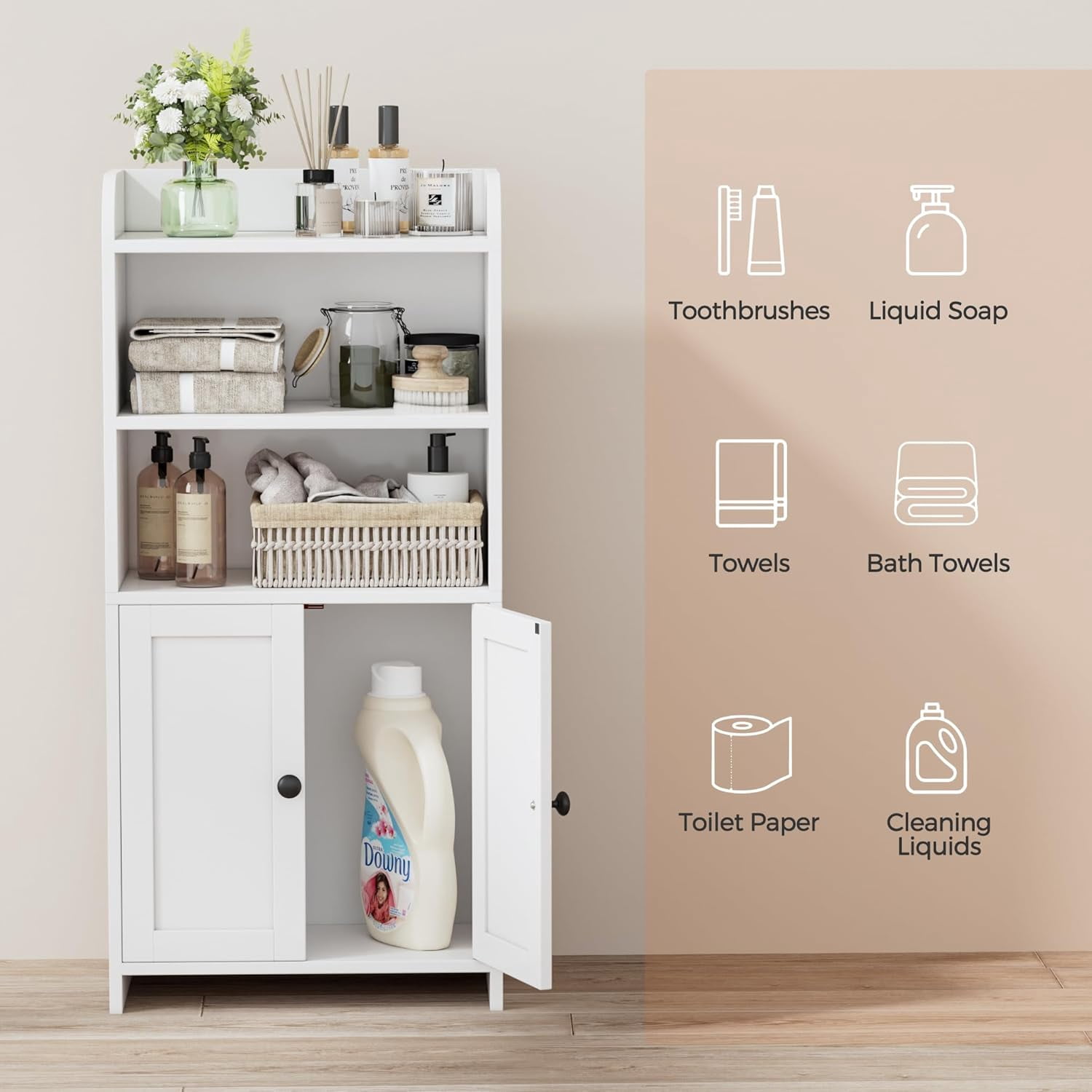 Small Bathroom Storage Cabinet, Freestanding Toilet Paper Storage with 2 Doors and Shelves, Bathroom Organizers and Storage for Small Spaces, Laundry Room, 7.9" D x 14.6" W x 31" H, White