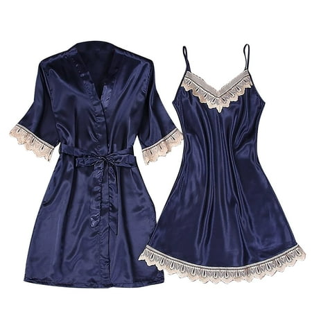 

KDDYLITQ Women Chemise Loungewear Soft Plus Size 2 Piece PJ Sets with Robe Nightwear Pajama Set Sleepwear Navy XL