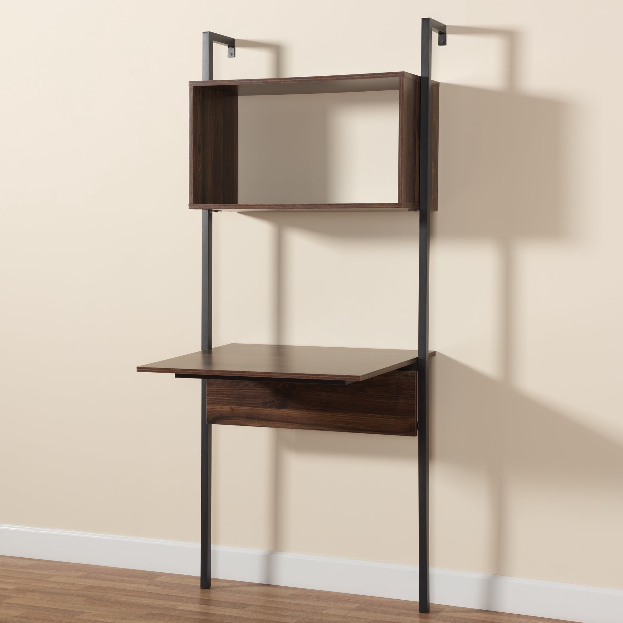 Baxton Studio 30"W x 23.6"D x 69.7"H 1-Shelf Wall Shelves, Black and Walnut Brown