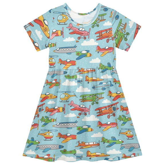 Colorful Airplanes Short Sleeve Dress A-Line Cute Midi Casual Sundress 2-8 Years