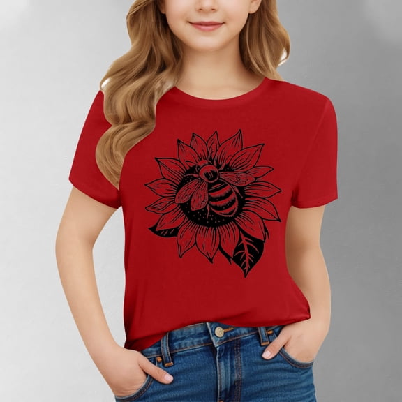 SGFCWSX Girls Short Sleeve T-Shirt, Kids Graphic Crewneck Regular Fit Summer Tees Casual Everyday Tops Red Size 10-11 Years