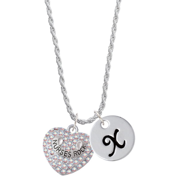 Delight Jewelry Silvertone Nurses Rock on AB Crystal Heart Silvertone Script Initial Disc - X - Charm Necklace, 20"+3"