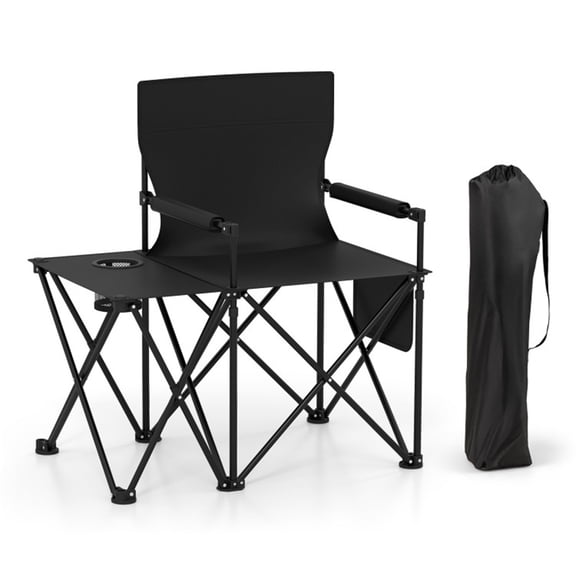 Oversized Black Foldable Camping Chair with Side Table Cup Holder 330 LBS Weight Capacity for Outdoor Camping Fishing Sports