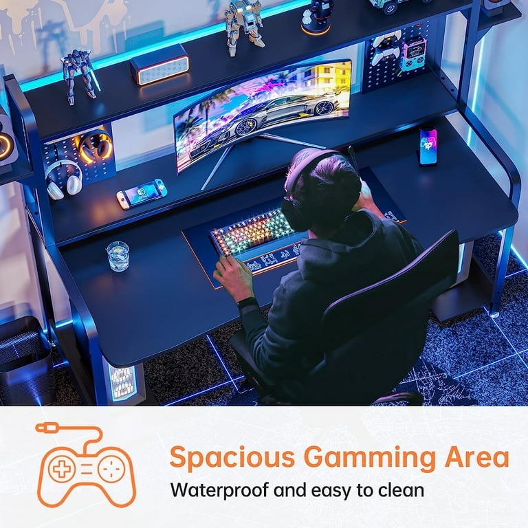 Sedeta 55 inch Computer Desk with Hutch and Shelves, Gaming Desk with LED Lights, Pegboard and Monitor Shelf, Black
