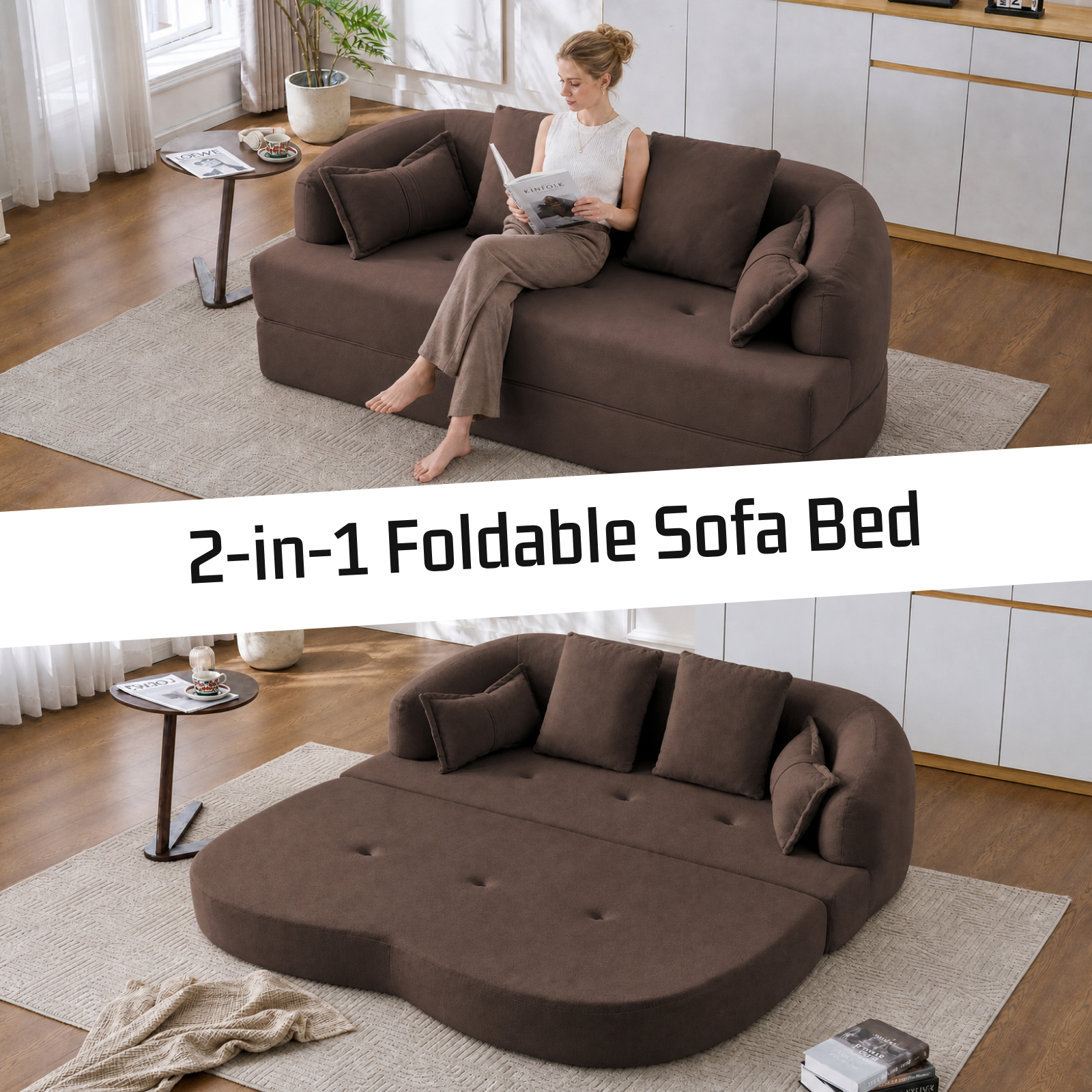 Lunale 70" Convertible Sofa Bed, 2-in-1 Sleeper Sofa, Chenille Boneless Couch for Small Spaces, Brown
