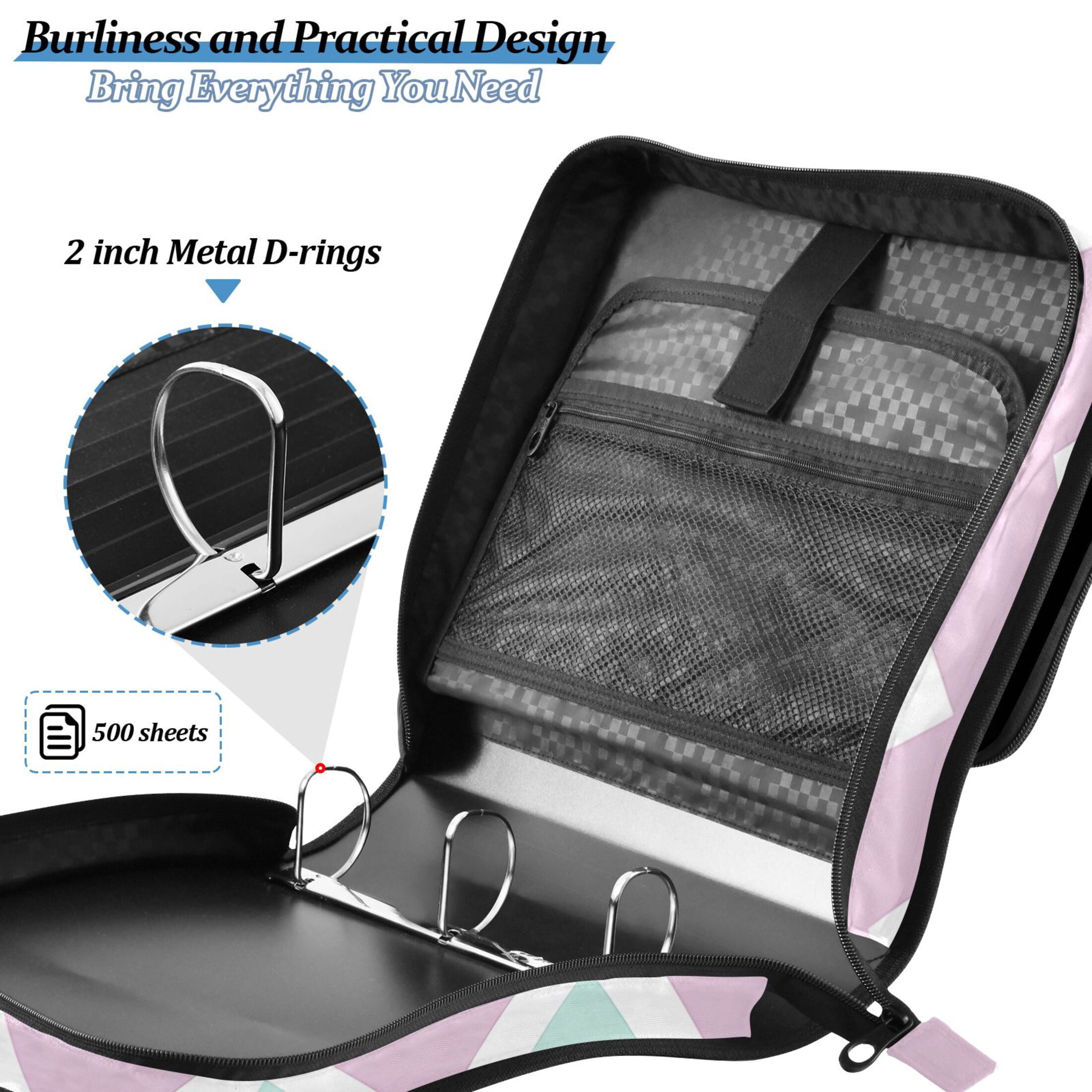 3 Ring Zipper Binder with Shoulder Strap Waterproof Trapper Keeper 2 Inch D-Ring 500 Sheets Capacity Pastel Colored Chevron