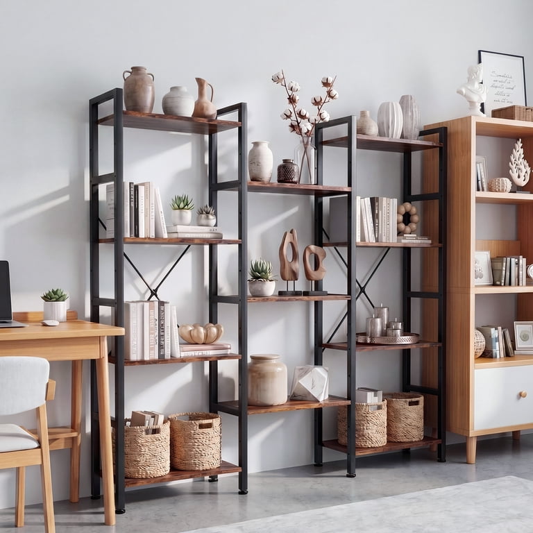 CONCETTA Triple 4-Tier Bookshelf with 12 Shelves, Rust Brown photo 4