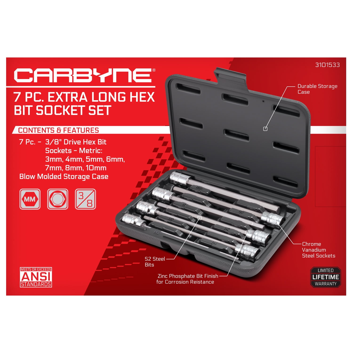 CARBYNE 36 Piece Torx Bit Socket & E-Socket Set S2 Steel Bits 1/4-inch 3/8-inch & 1/2-inch Drive 