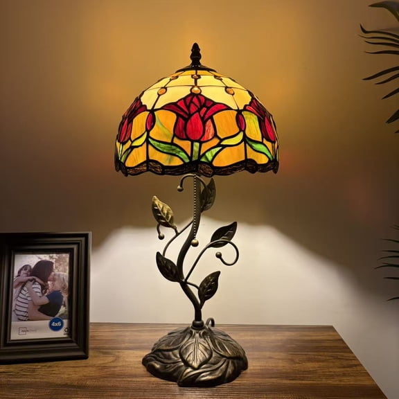 Tiffany Style Table Lamp Stained Glass Red Tulips LED Bulb Included for Living Room Bedroom Bedside 10"W*10"D*20"H