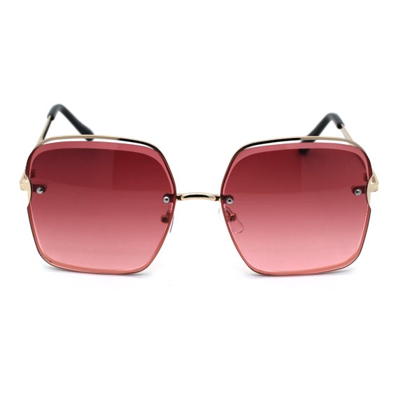 Womens Rectangular Retro Designer Fashion Beveled Exposed Lens Sunglasses Gold Burgundy