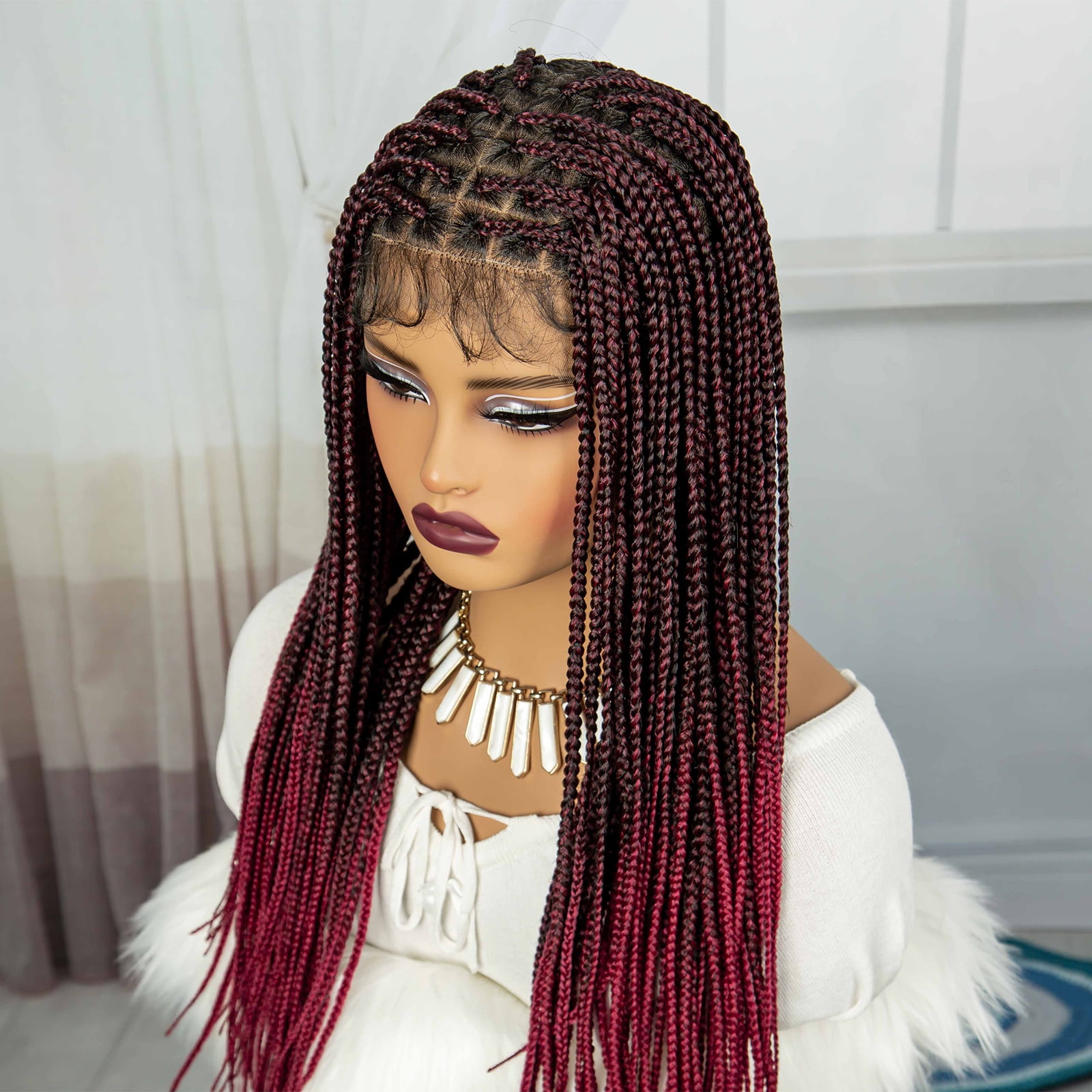 Braided Wigs for Black Women Synthetic Full Lace Front Wigs Square Knotless Box Braided Wigs Lightweight Cornrow Braid Braiding Hair Wigs (1B/BUG Color)