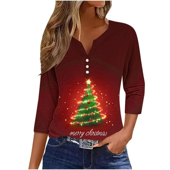 Fall Fashion Must Haves Women's Festive Christmas Tree Graphic Button Down V Neck Three Quarter Sleeve Shirt Tees Tops Women Fall Clothes