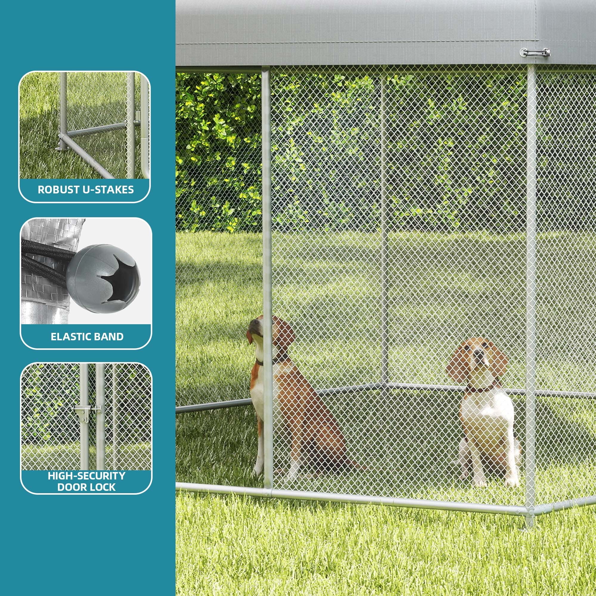 ModFusion 9.8×8.2 ft Large Outdoor Dog Kennel, Heavy Duty Galvanized Steel with Waterproof Cover, Sliver