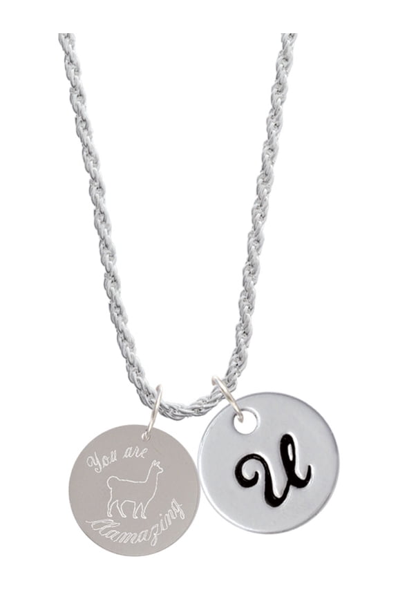Stainless Steel You are Llamazing Llama Disc - Silvertone Script Initial Disc - U - Charm Necklace, 20"+3"