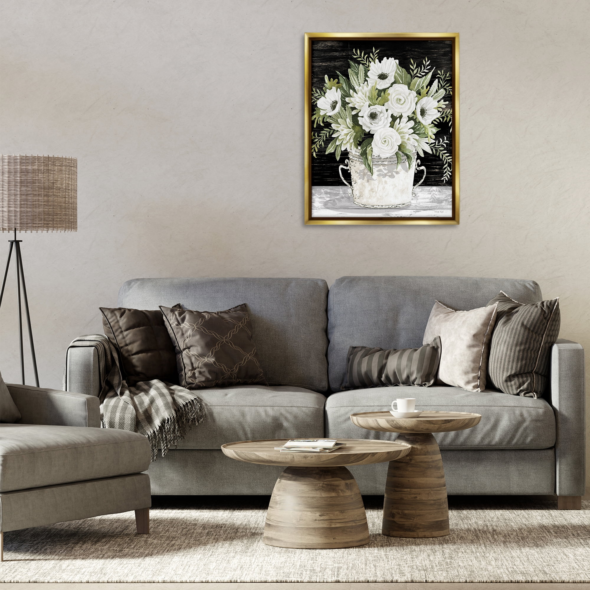 Stupell Industries White Flowers Country Tin Plants & Flowers Painting Gold Floater Framed Canvas Art Print Wall Art, 25 x 31