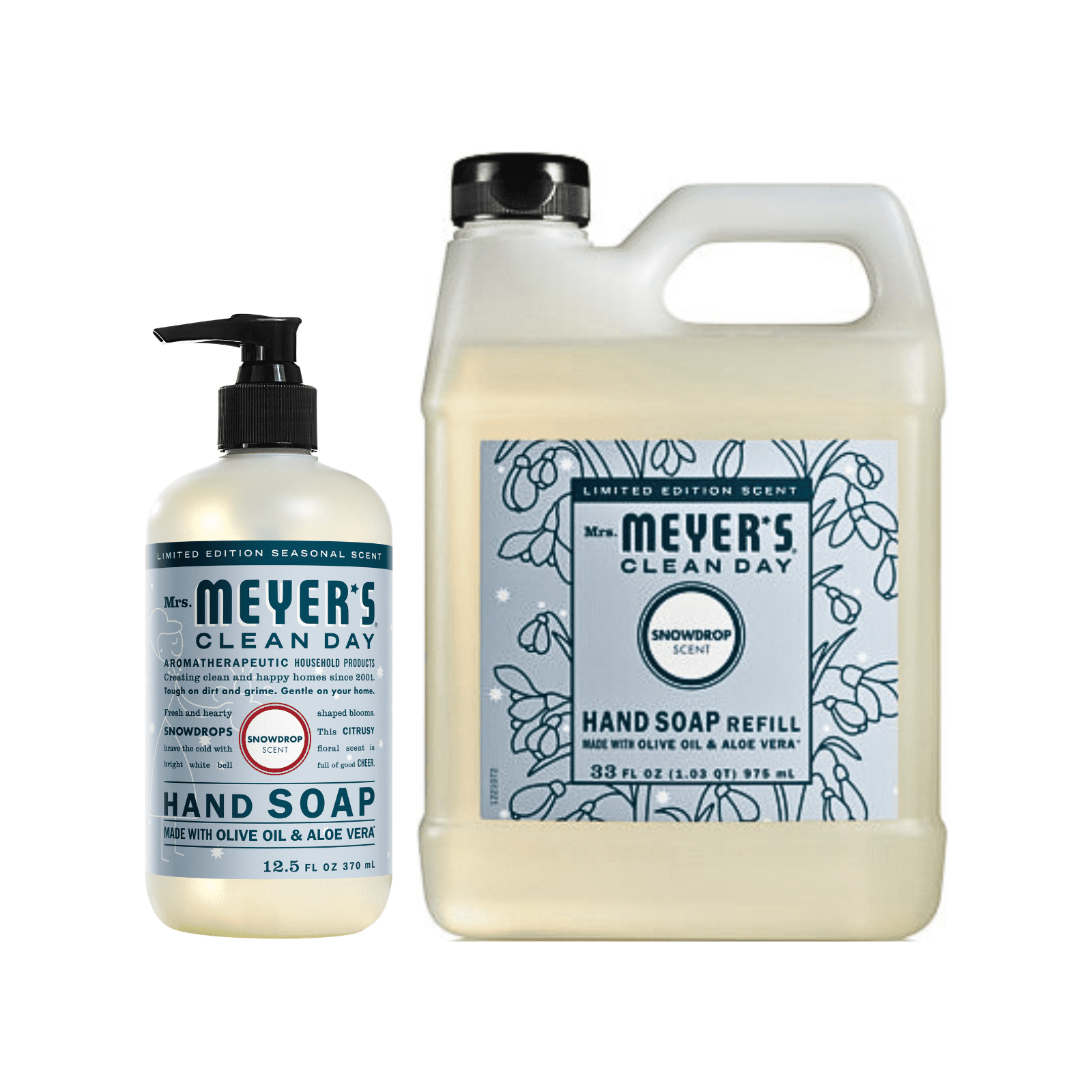 MRS. MEYER'S CLEAN DAY Snowdrop Liquid Hand Soap and Refills, Snowdrop, 12.5 fl oz, 33 fl oz Refill, 2 CT (Variety Pack)