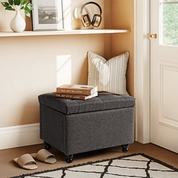 Pamapic 24" Faux Linen Rectangle Storage Ottoman,  Multifunctional Shoe Stool for Entryway in Grey