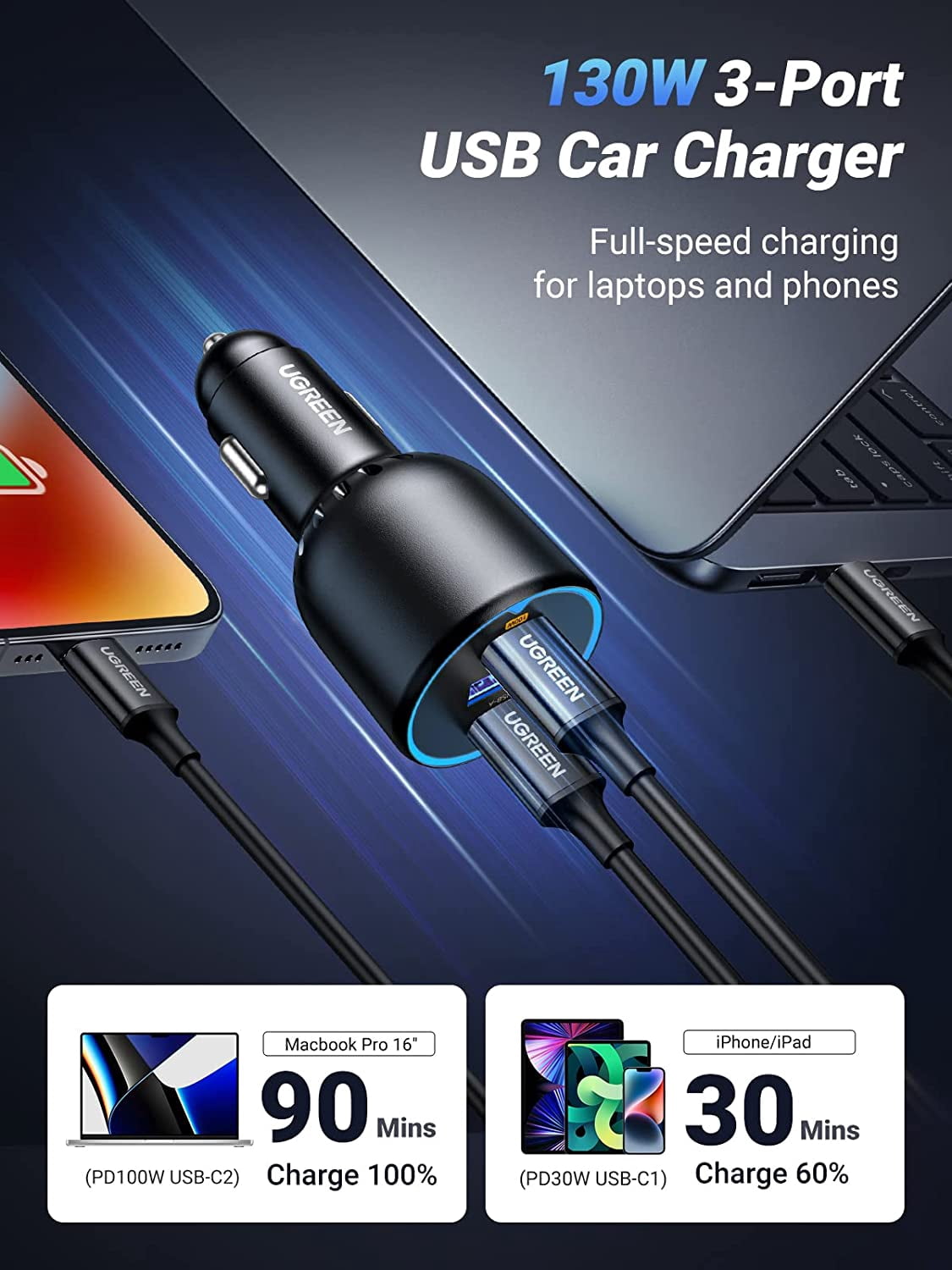 UGREEN 130W USB C Car Charger Adapter for Cellphone Laptop, PD 30W/100W/SCP 22.5W, Black